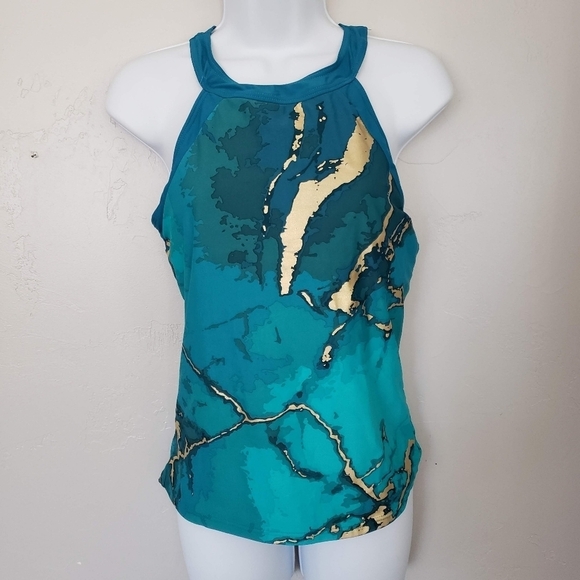 Rad Swim Women's Large T-Back Tankini Swimsuit Top Blue Metallic Gold Marble - Picture 1 of 5